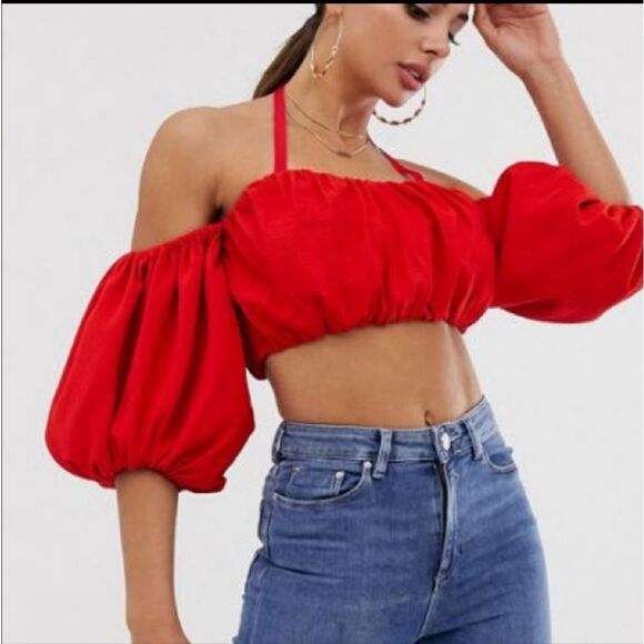 Asos -477 Women's Red Balloon sleeve crop top size 8 - Picture 2 of 7